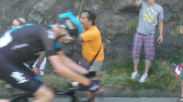 Chris Froome in hot pursuit. He'd win the stage and the Yellow Jersey.